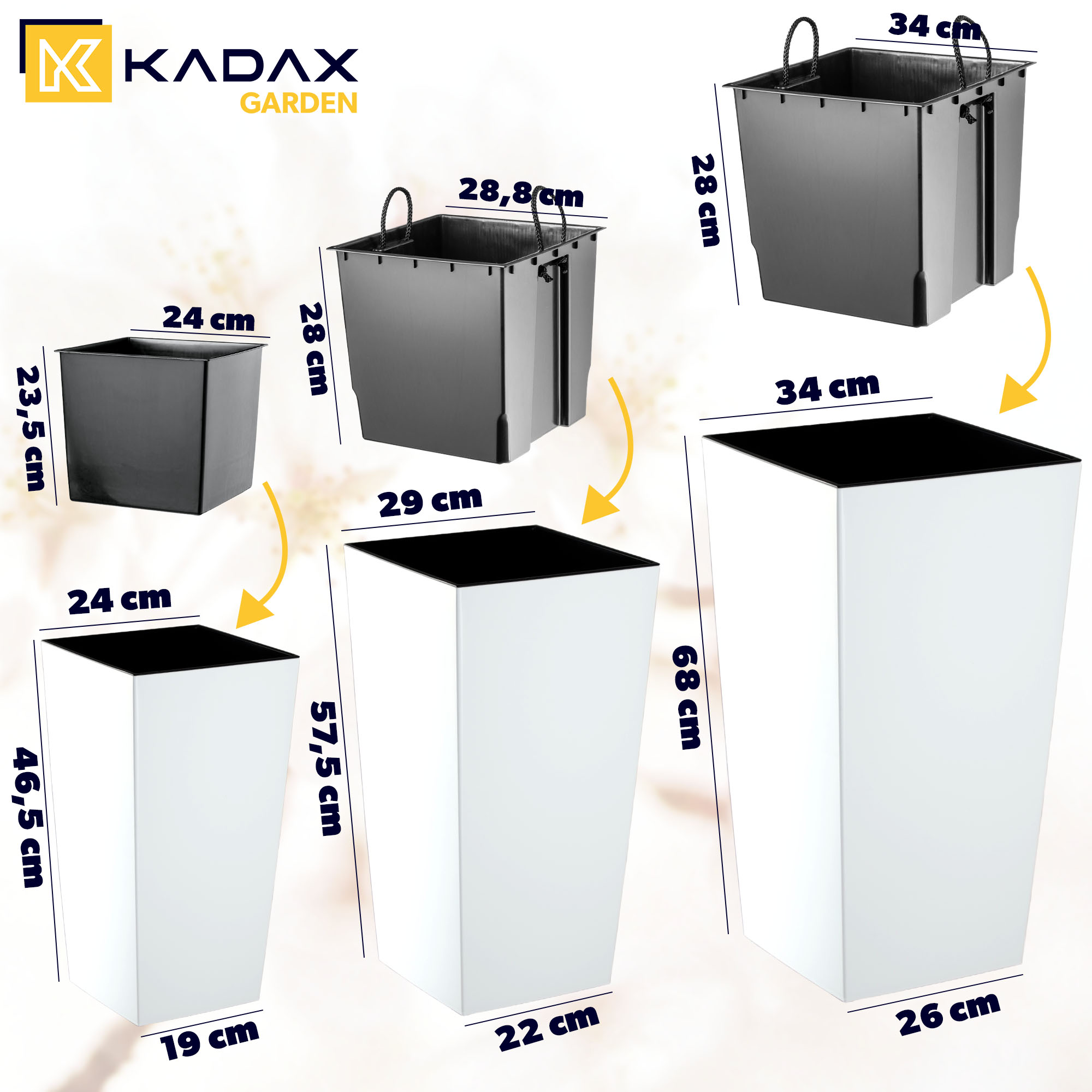 Donice na kwiaty z wkładem Masiera 25 cm + 30 cm + 35 cm, białe
