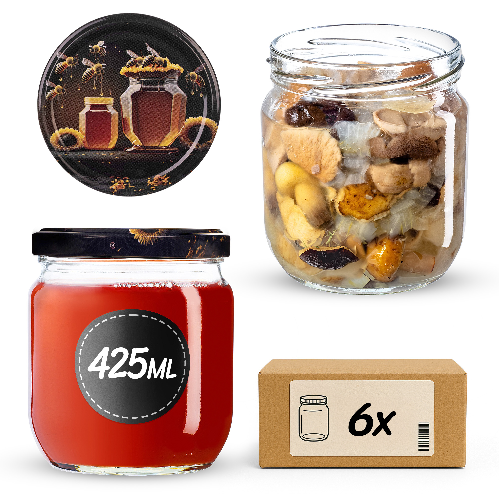 Słoiki na przetwory Salla 425ml fi82mm 6szt + wieczko Miód czarny