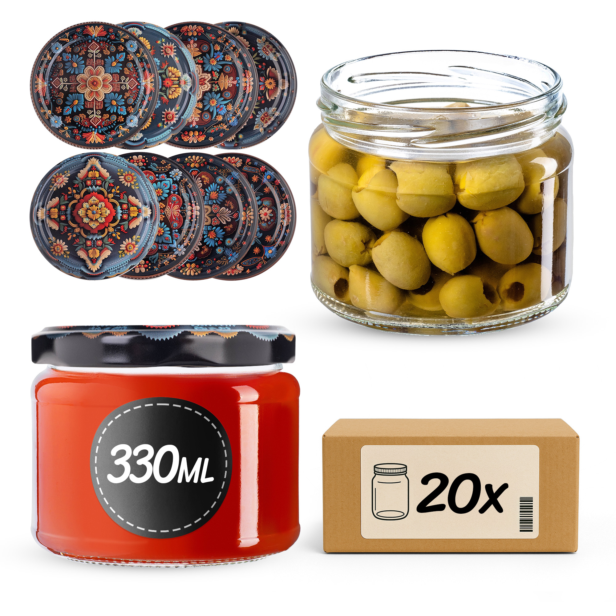 Słoiki na przetwory Sonka 330ml fi82mm 20szt + wieczko Haftowanka