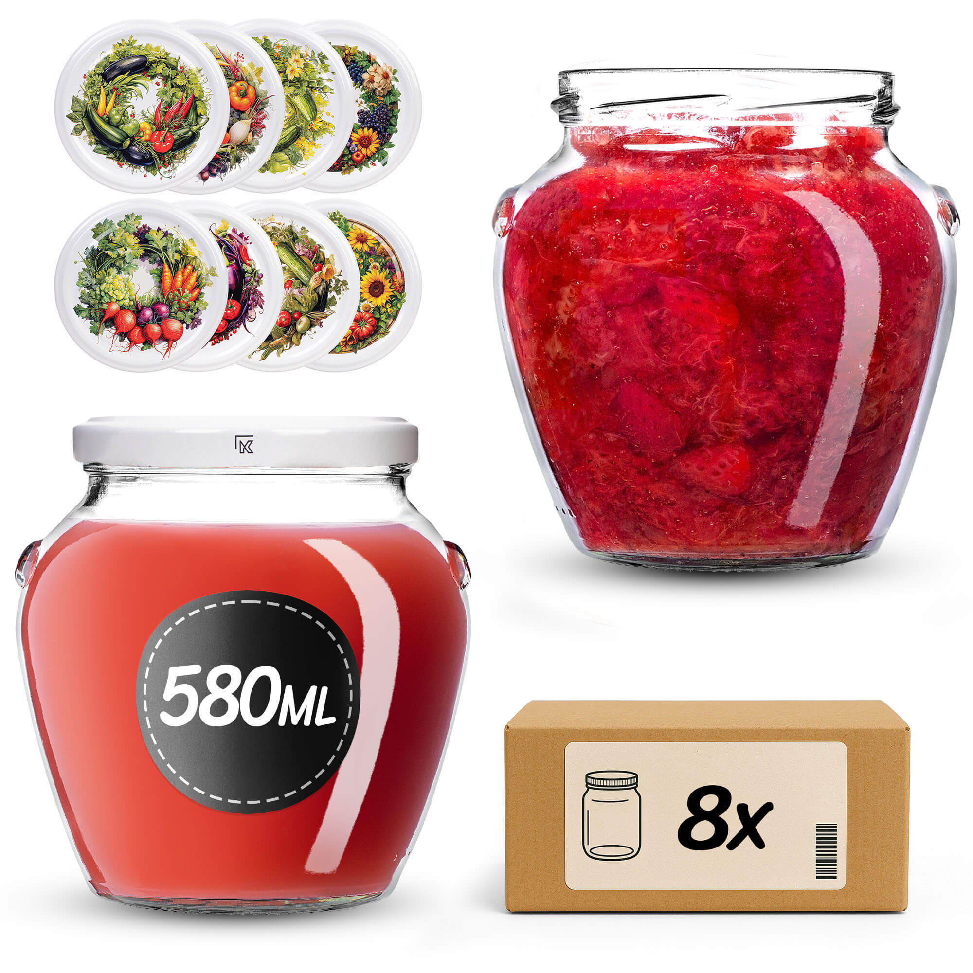 Słoiki na przetwory Sassa 580ml 8szt 82mm + wieczka "Wieniec z plonów"