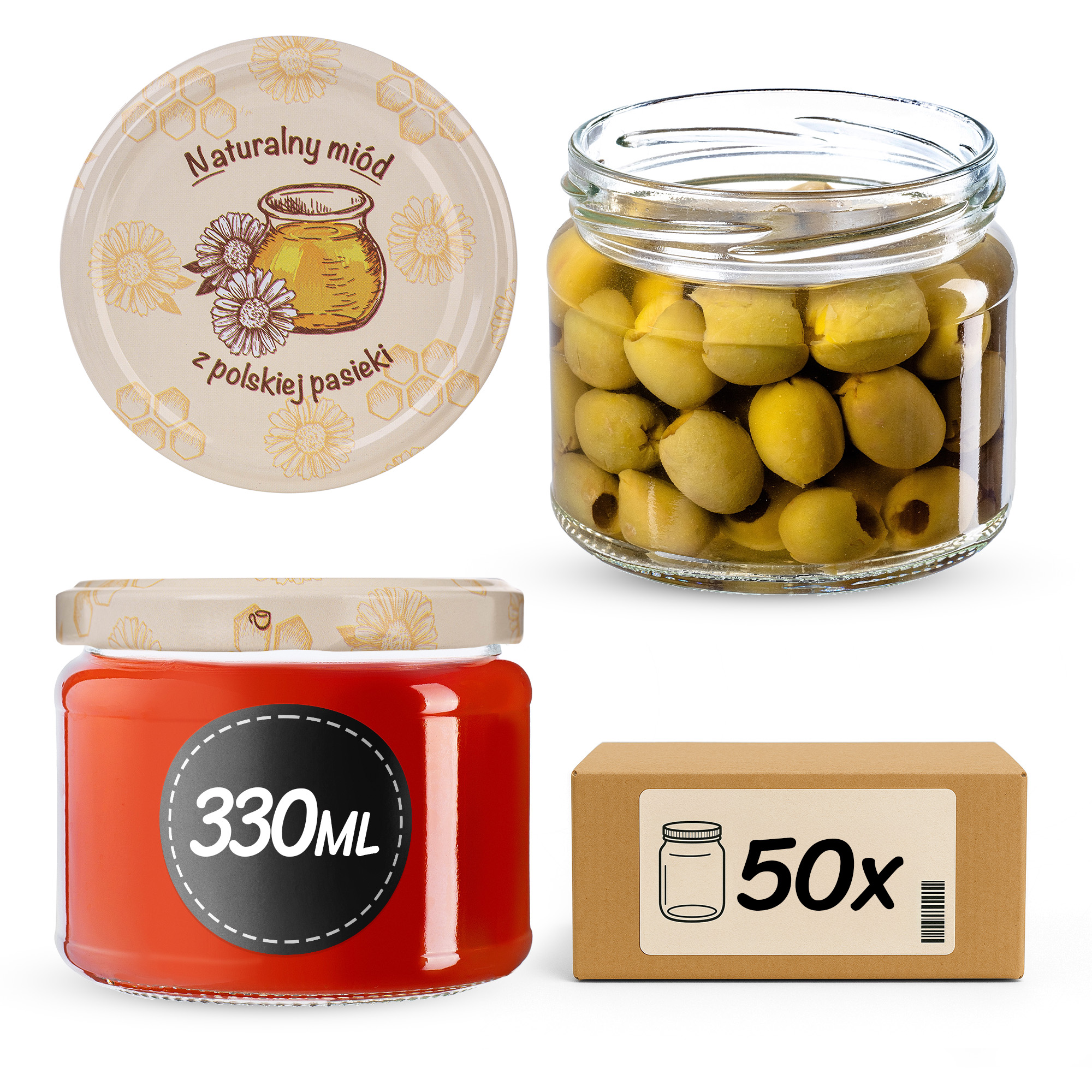Słoiki na przetwory Sonka 330ml fi82mm 50szt + wieczko Miód z pasieki