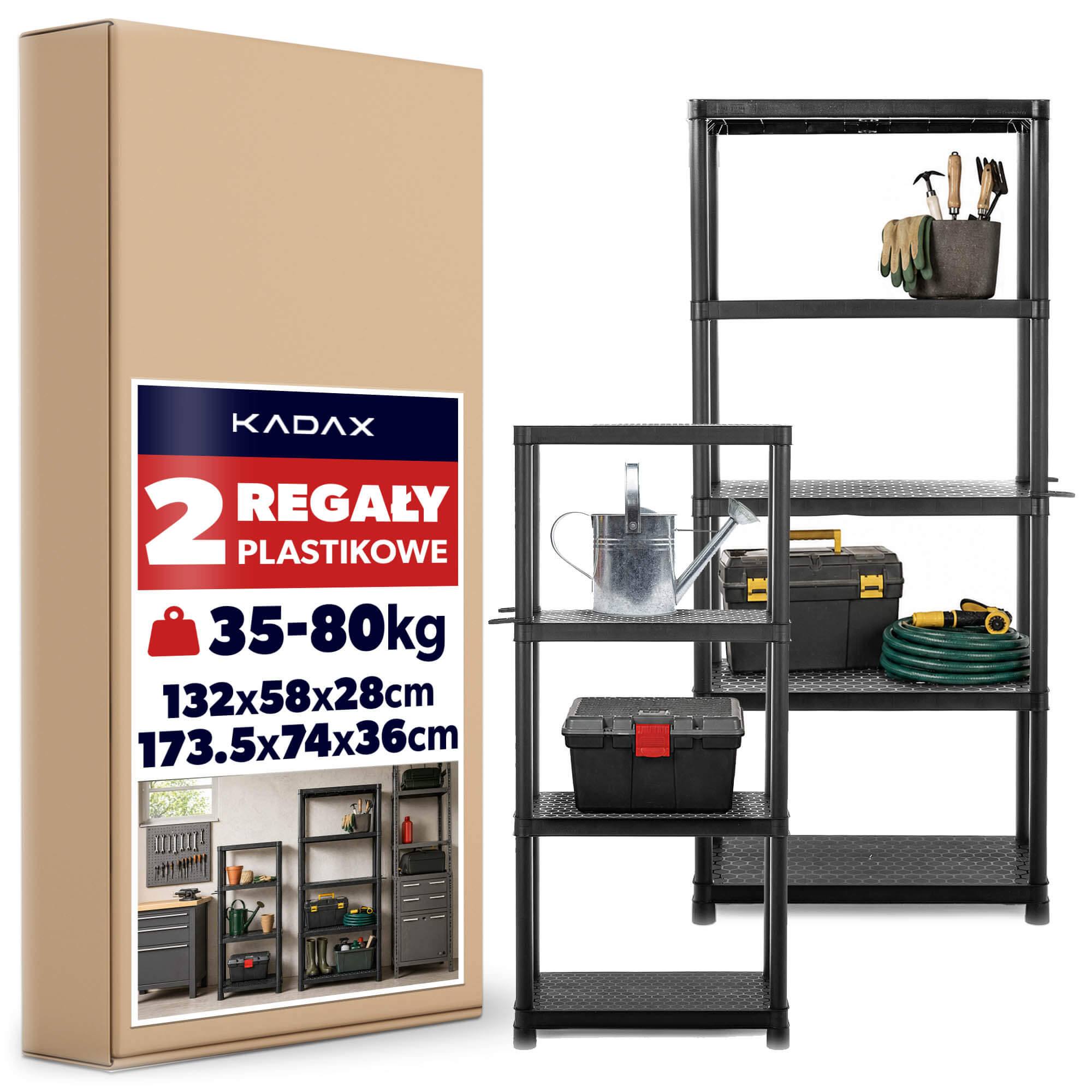 Komplet regałów plastikowych Auzon 173.5 x 74 x 36 cm + 132 x 58 x 28 cm