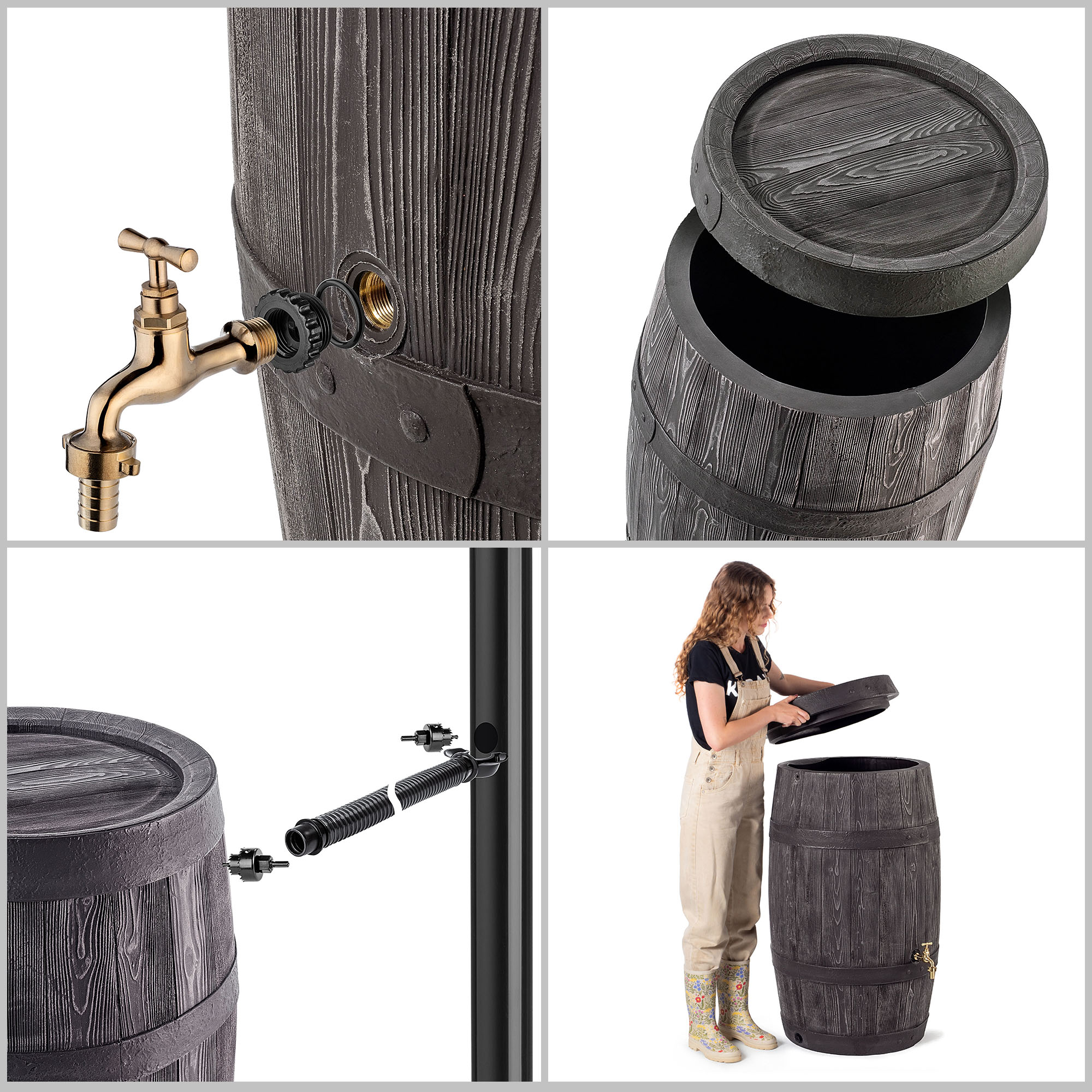 Zbiornik, beczka na deszczówkę Talais 250L + zestaw przyłączeniowy brąz