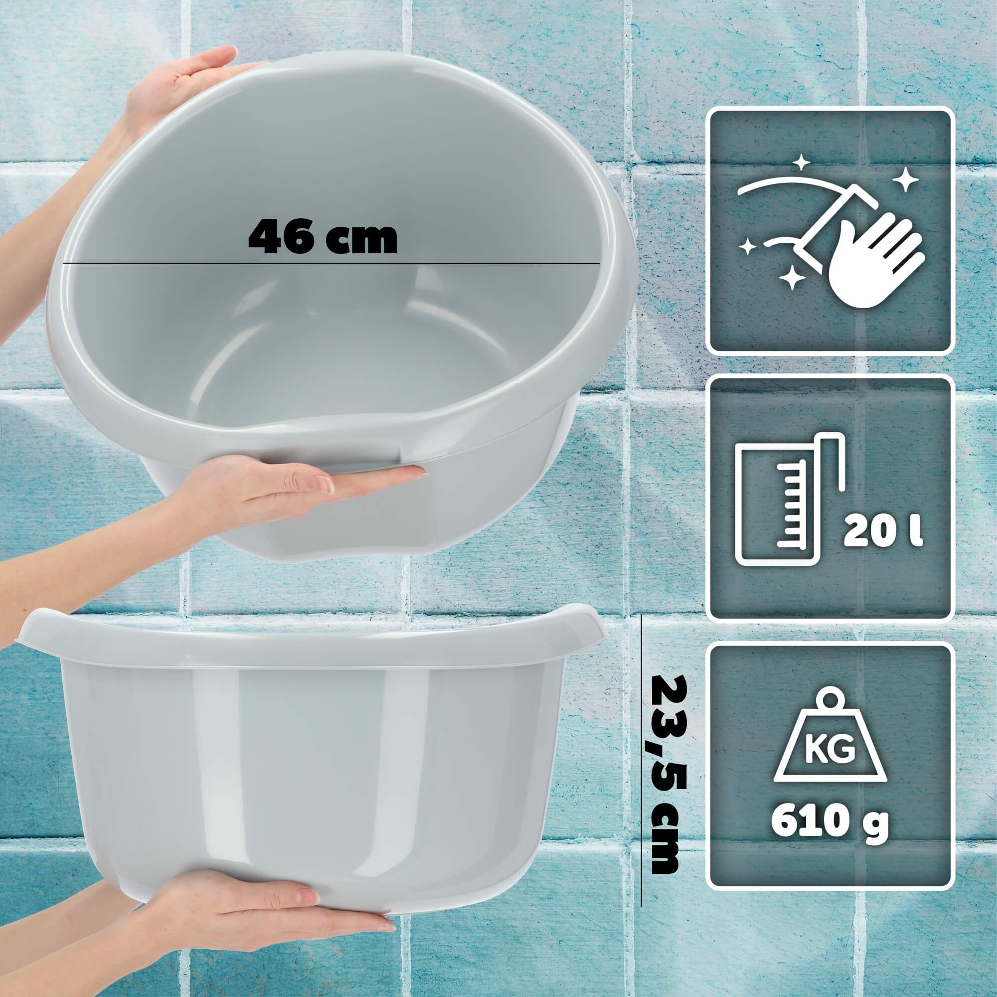 Miednica plastikowa z uchwytami 20L, szara