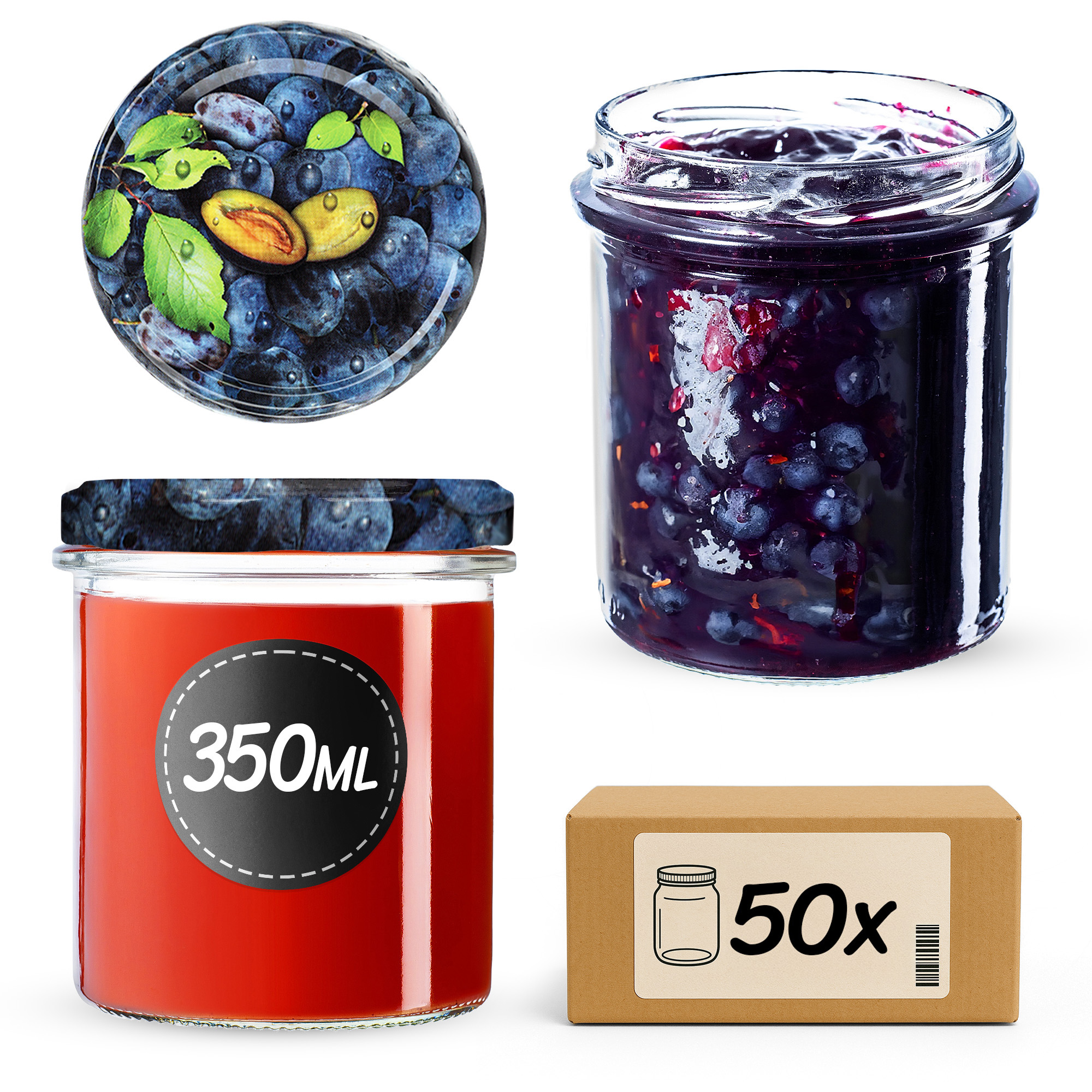 Słoiki na przetwory Avila 350ml 50szt 82mm + wieczka "Śliwki"