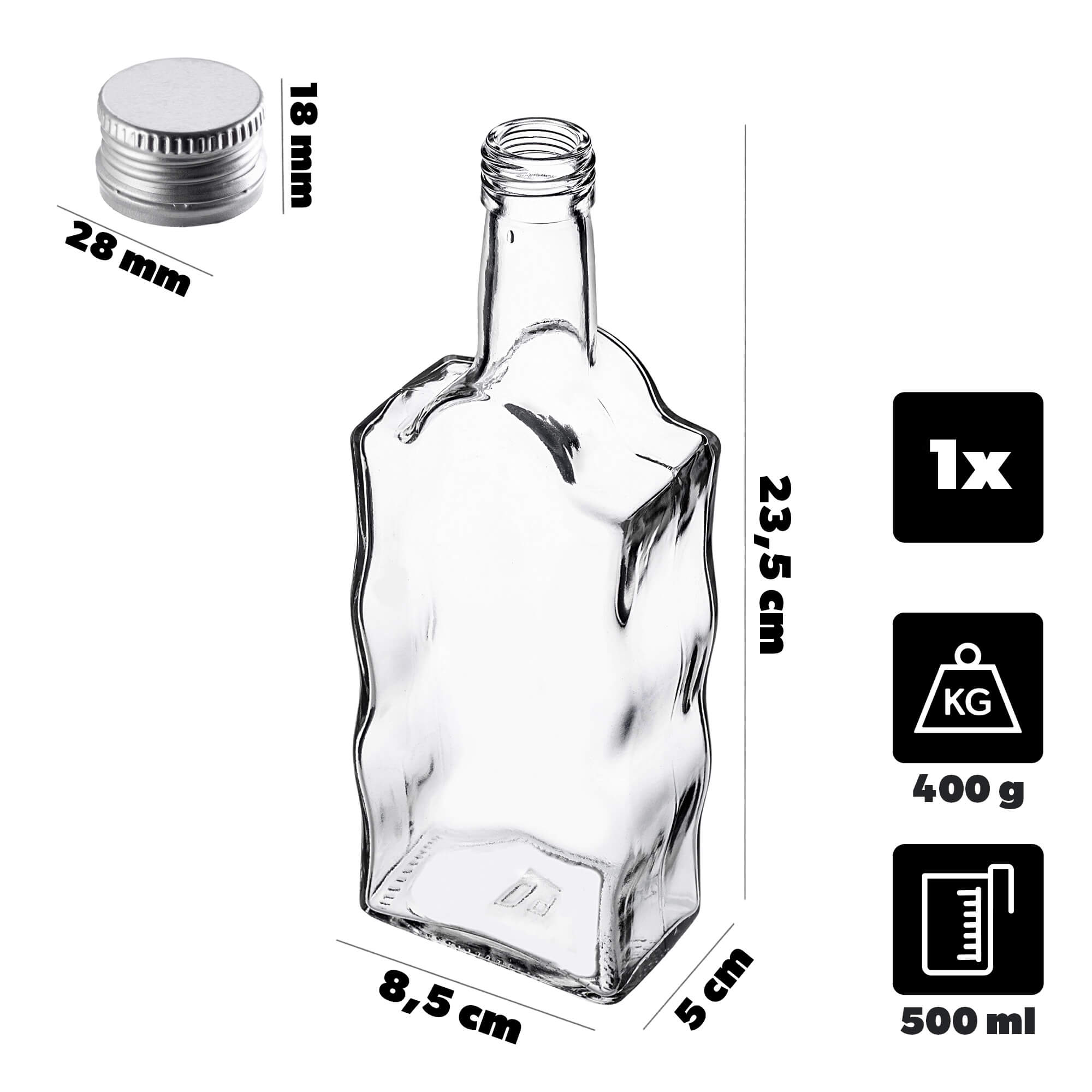 Szklana butelka na nalewkę Fala 500ml z srebrną zakrętką 1 szt.