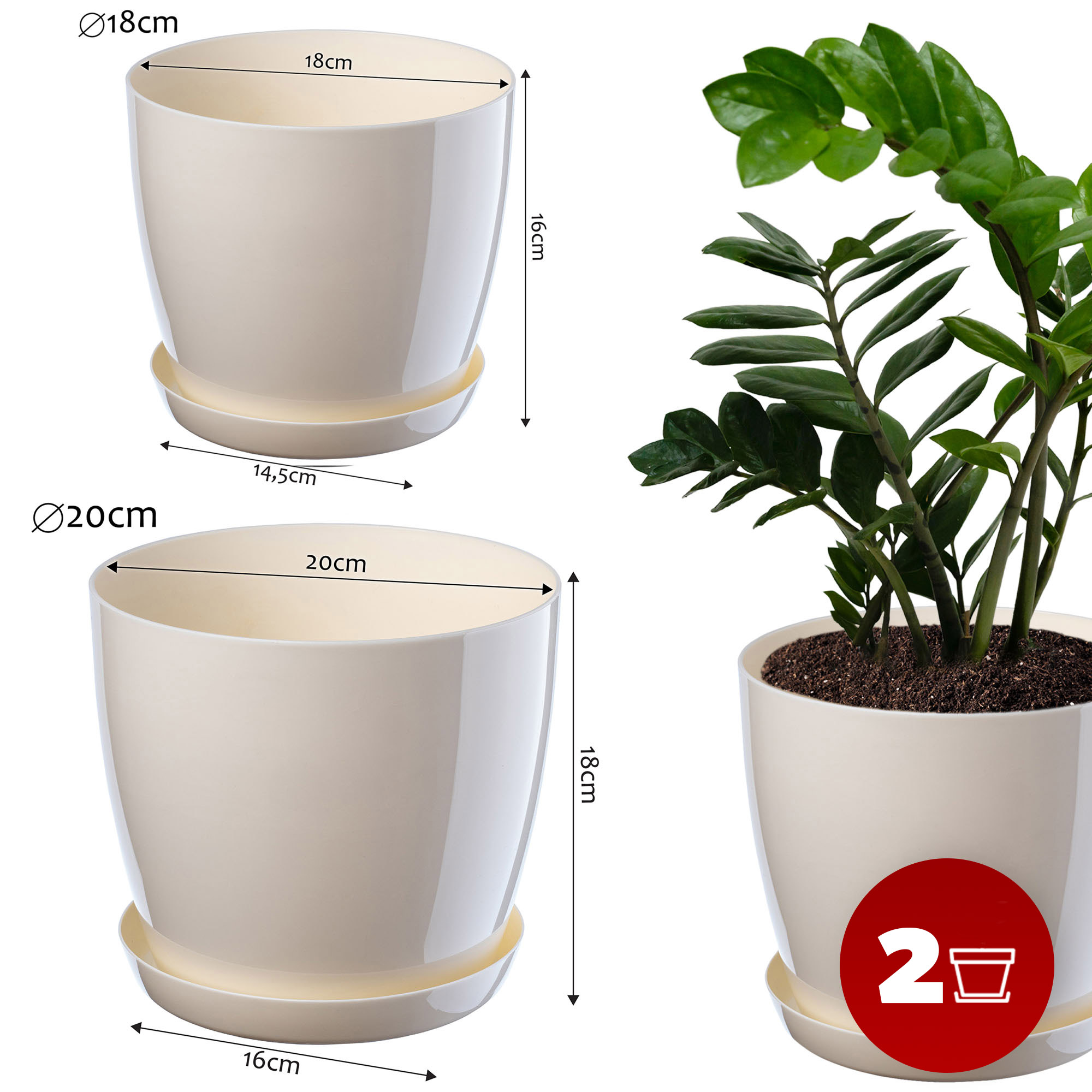 Doniczka na kwiaty z podstawką kremowa 18 cm + 20 cm, 2 szt.
