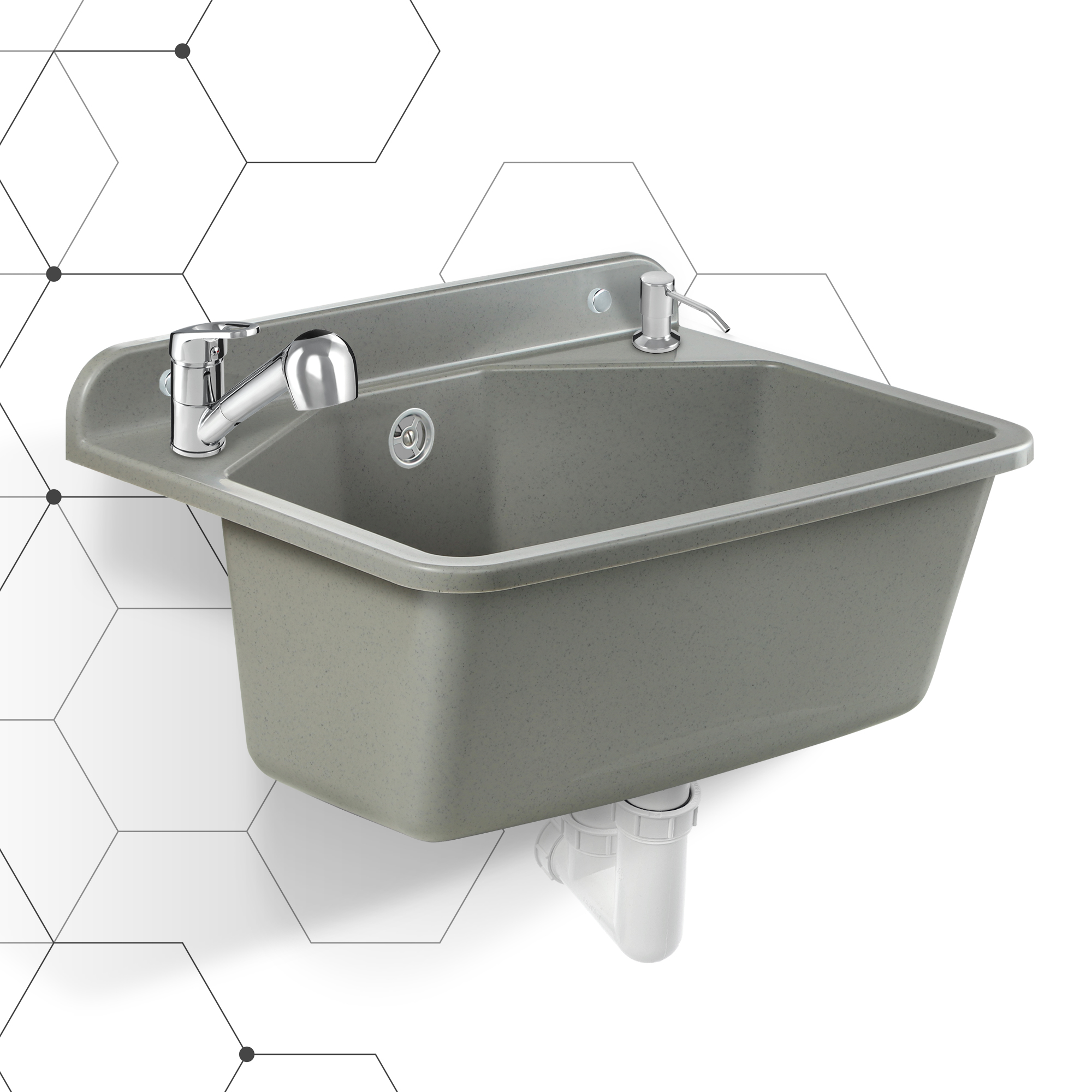 Zlew gospodarczy z wyciąganą baterią i dozownikiem Gospo F, szary