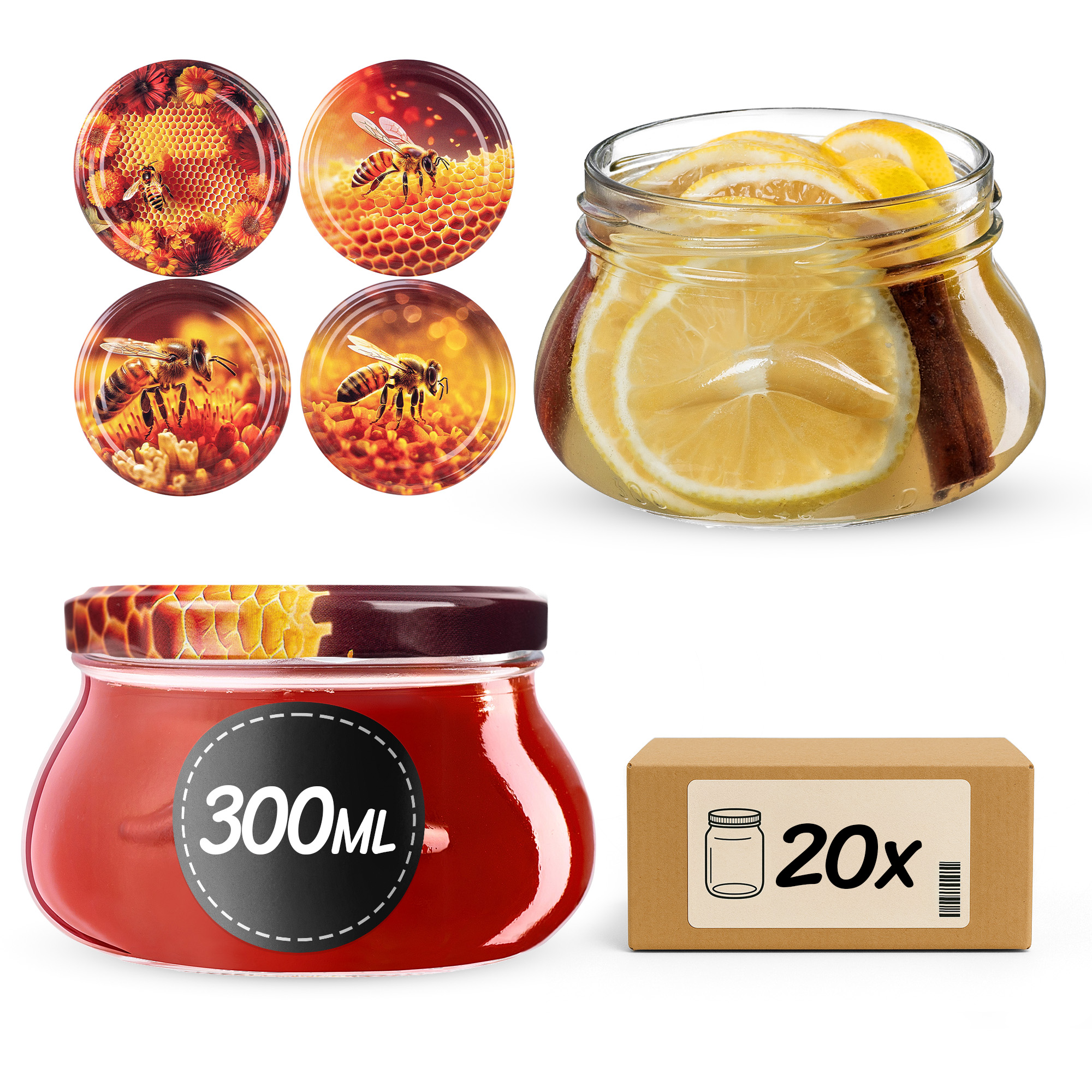 Słoiki na przetwory Raja 300ml fi82mm 20szt + wieczko Zestaw miodowy