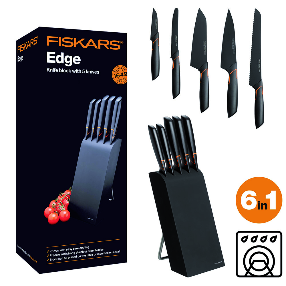 Fiskars 1003099 Edge Zestaw 5 noży w bloku: nóż do skrobania, nóż