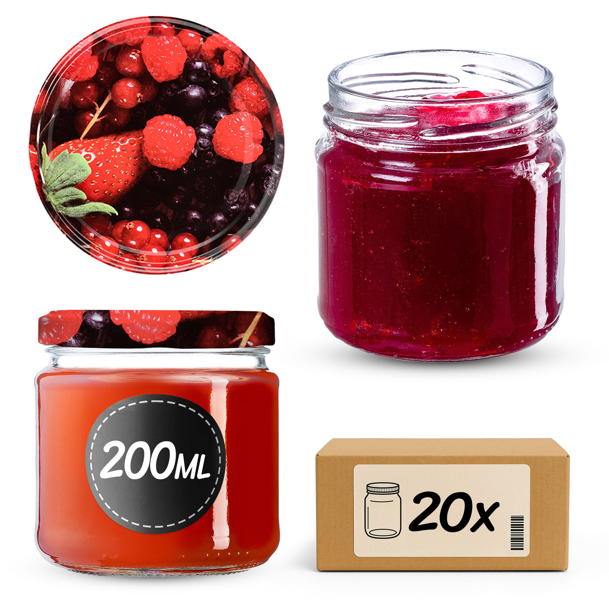 Słoiki na przetwory Lerma 200ml 20szt 66mm + wieczka "Owoce leśne"