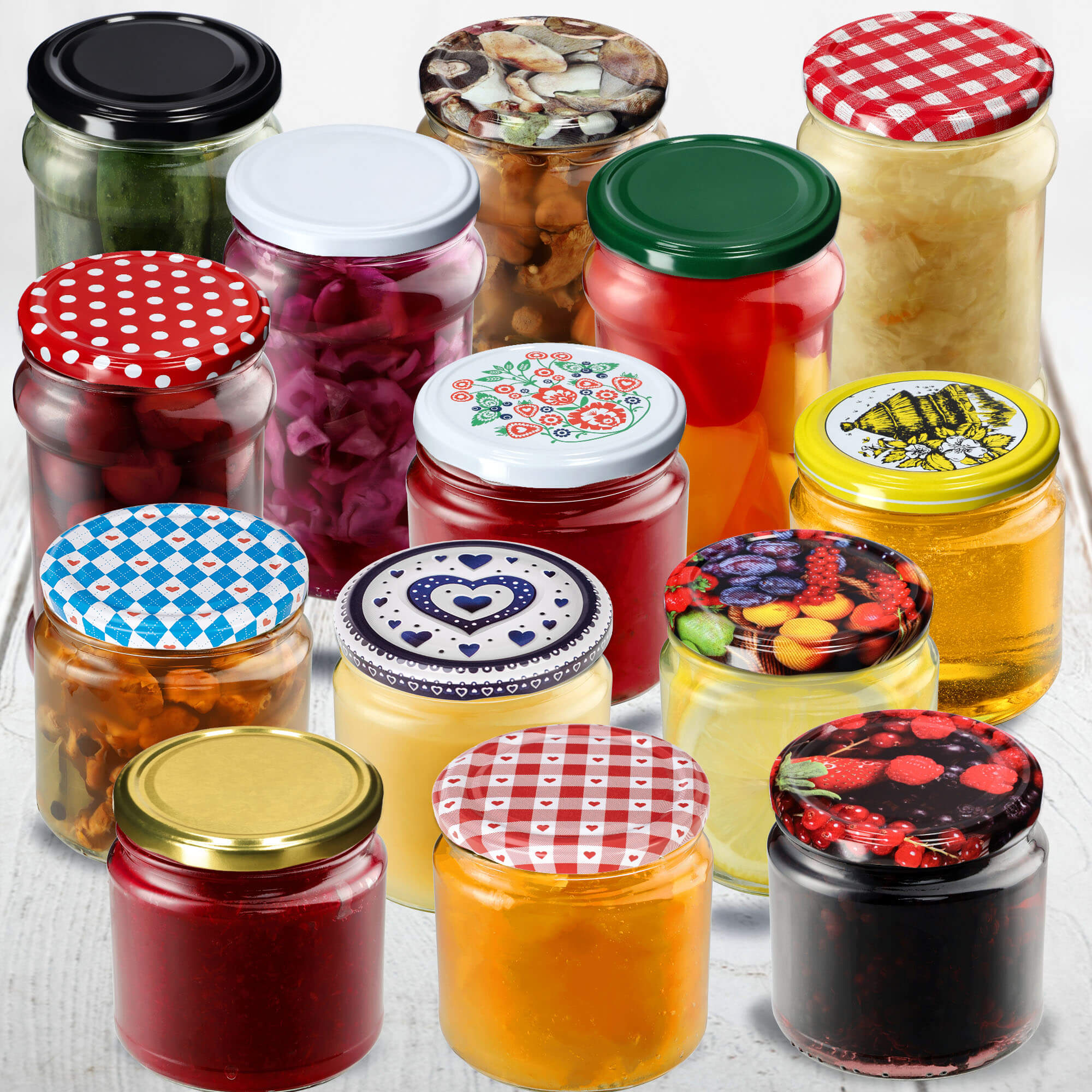 Metalowe wieczka do słoików Valsta 50szt fi 66mm "Czerwona krata z sercami"