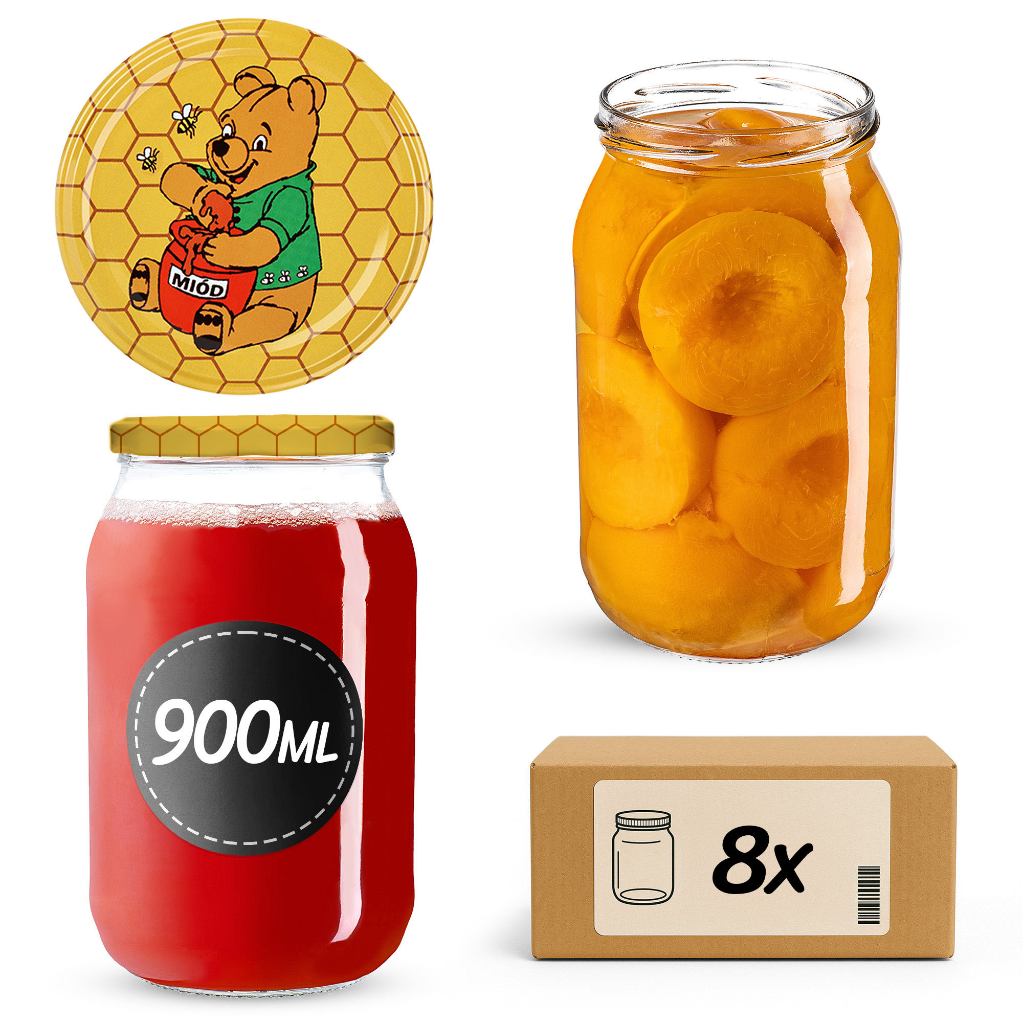 Słoiki na przetwory Simo 900ml 8szt 82mm + wieczka "Miód"