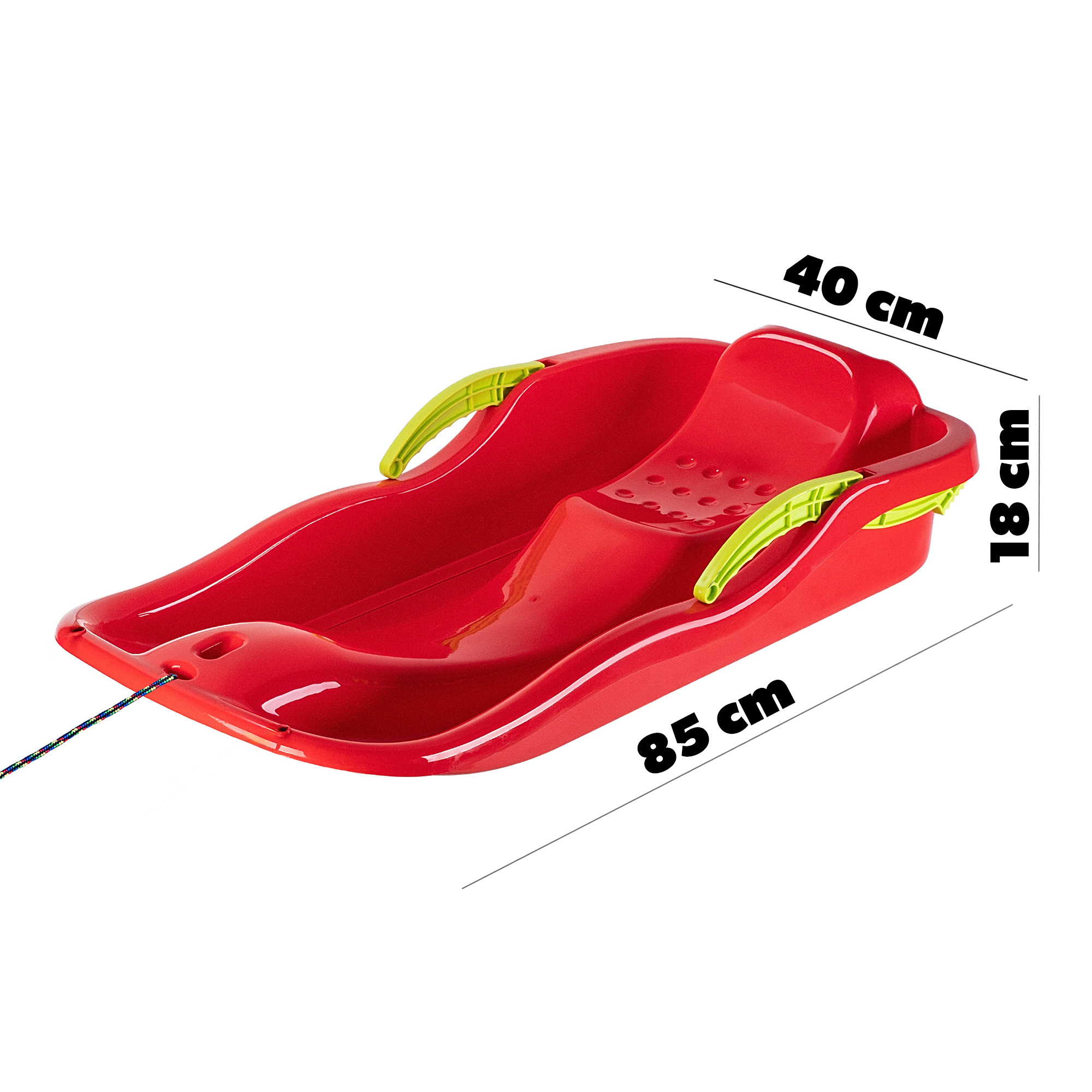 Sanki plastikowe z rączkami, hamulcem i linką, czerwone