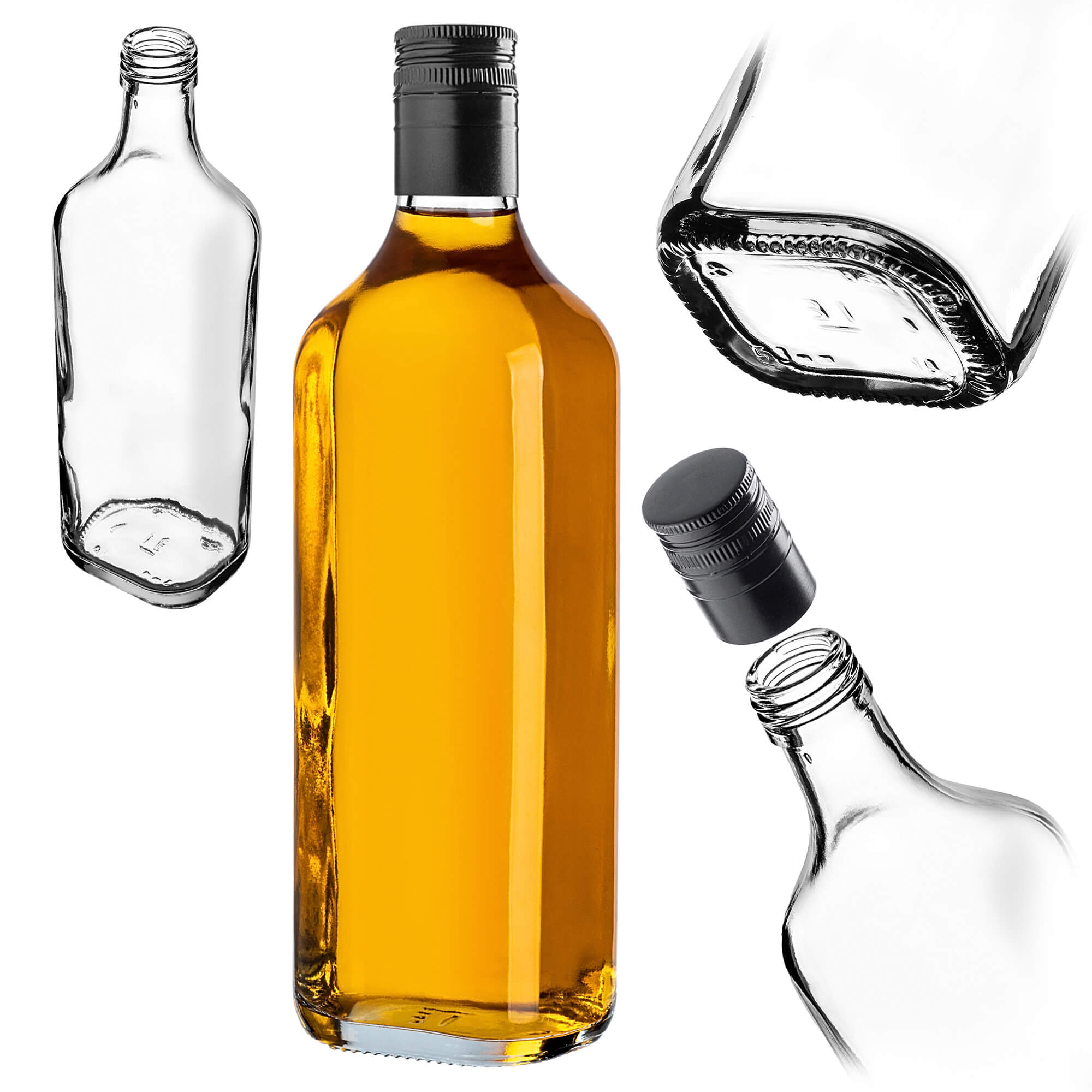 Szklana butelka na whisky Vigna 500ml z długą czarną zakrętką 1 szt.