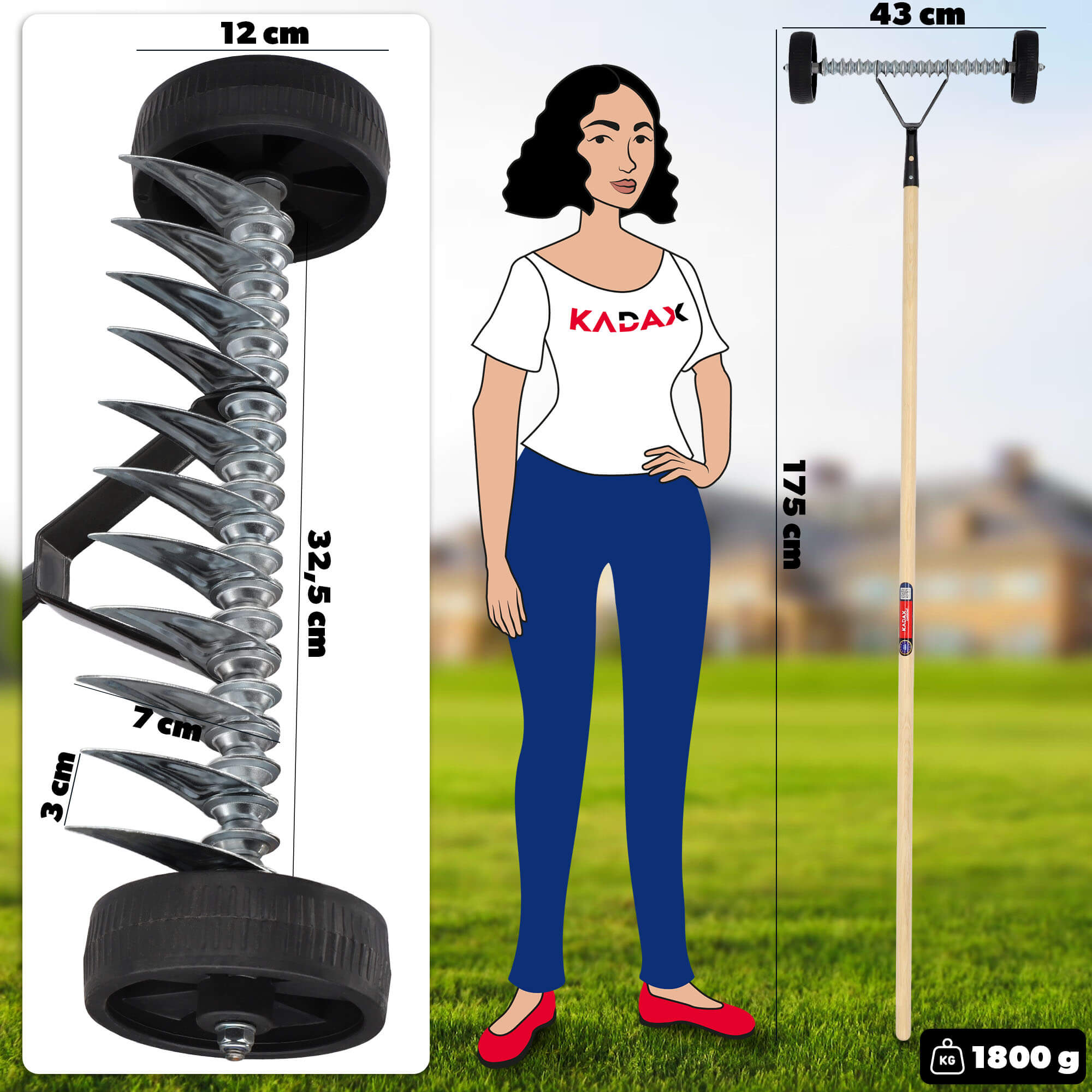 Aerator na kółkach 175 x 43 cm, srebrny