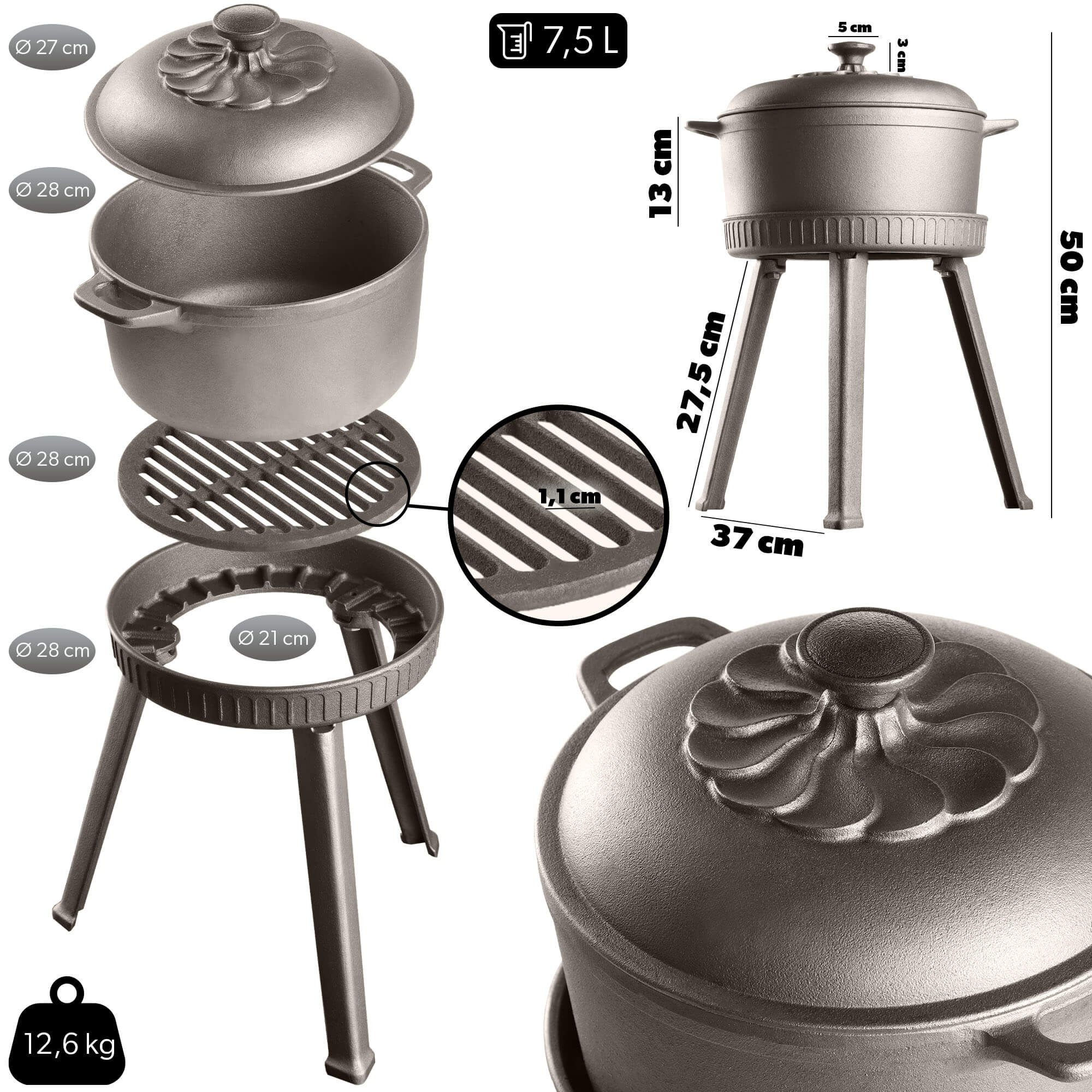 Kociołek żeliwny z rusztem 7.5L