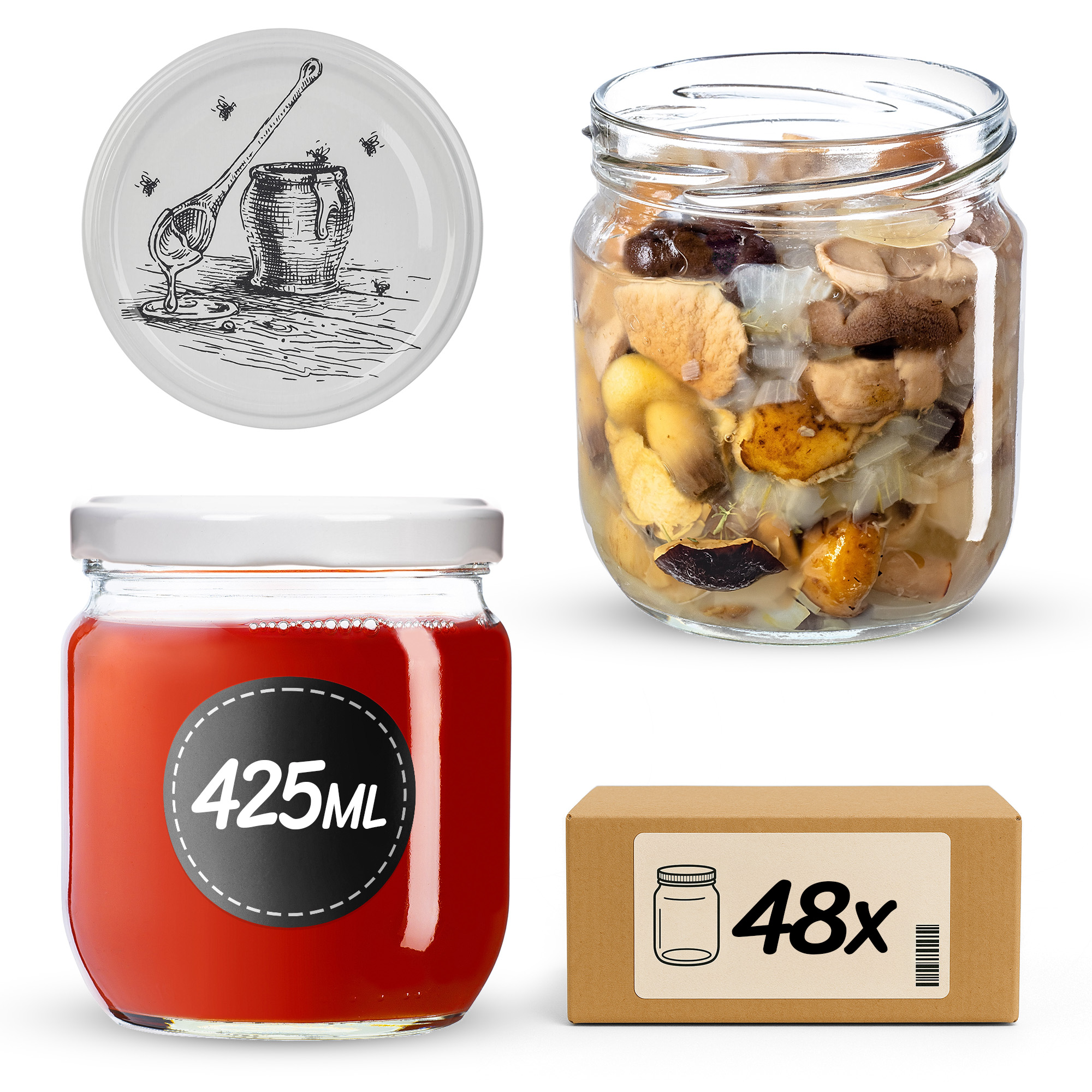 Słoiki na przetwory Salla 425ml fi82mm 48szt + wieczko Pszczoła