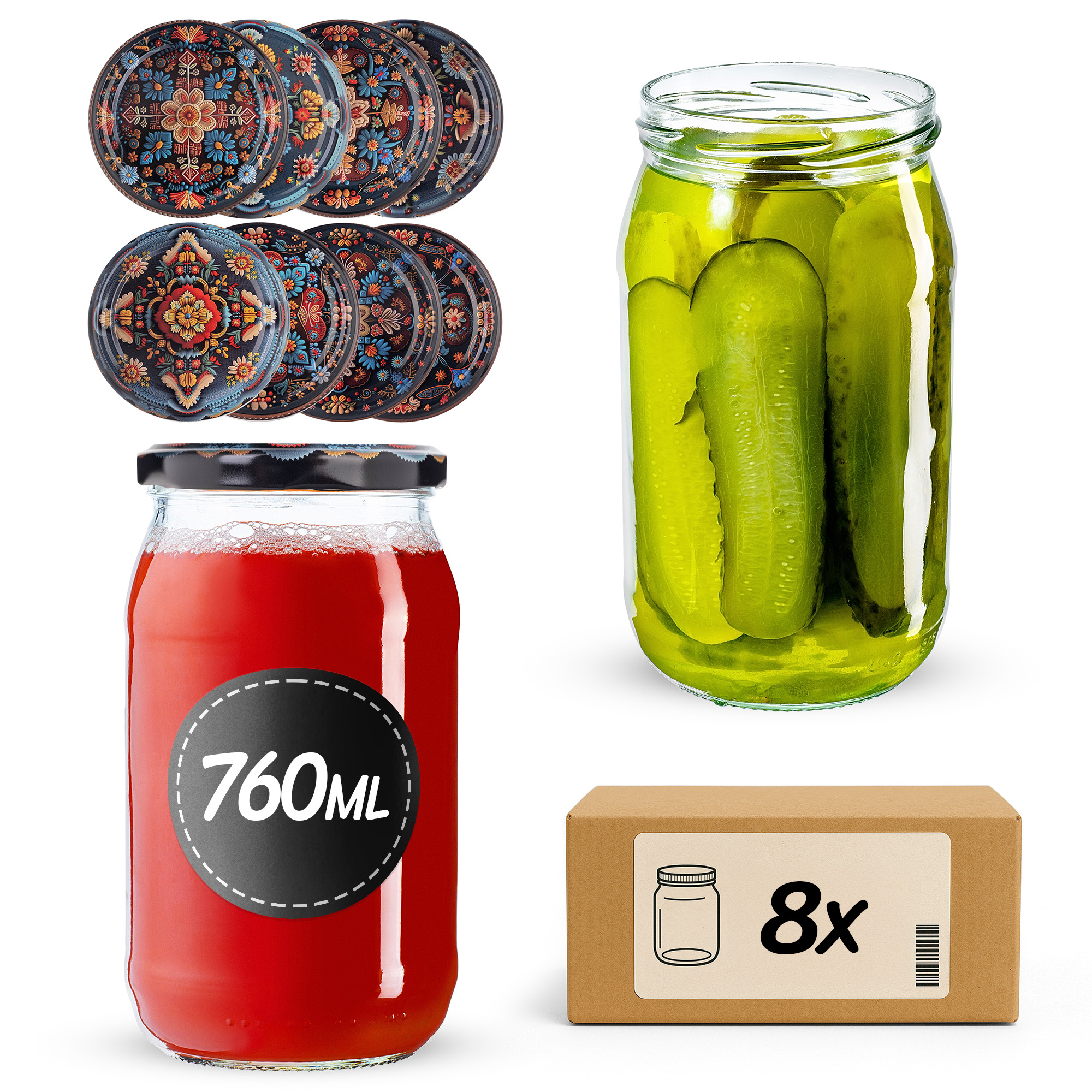 Słoiki na przetwory Niva 760ml fi82mm 8szt + wieczko Haftowanka