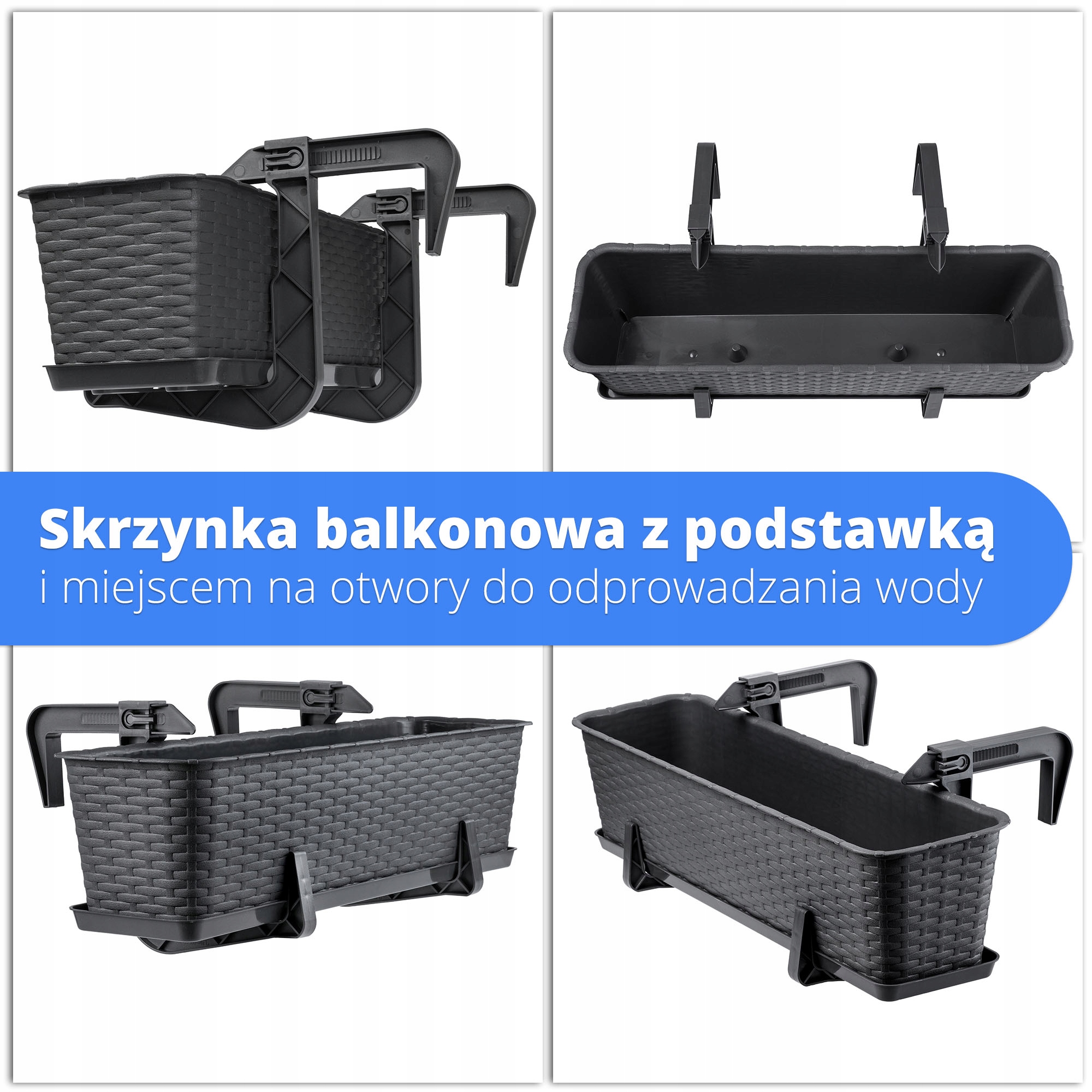 Doniczka balkonowa rattanowa z podstawką Frette 40 + 60 cm + uchwyty, antracyt