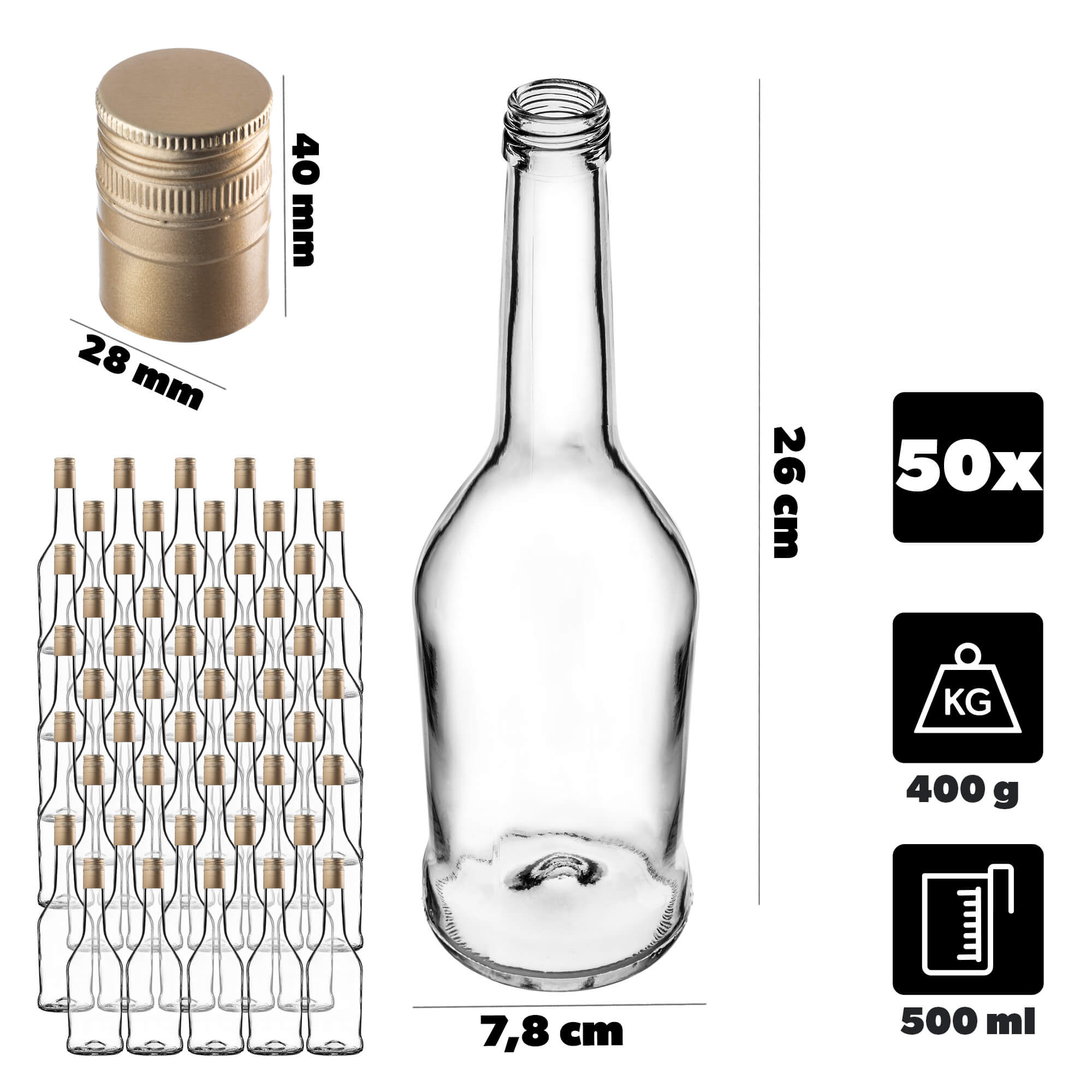 Szklana butelka na nalewkę Loiret 500ml z długą złotą zakrętką 50 szt.