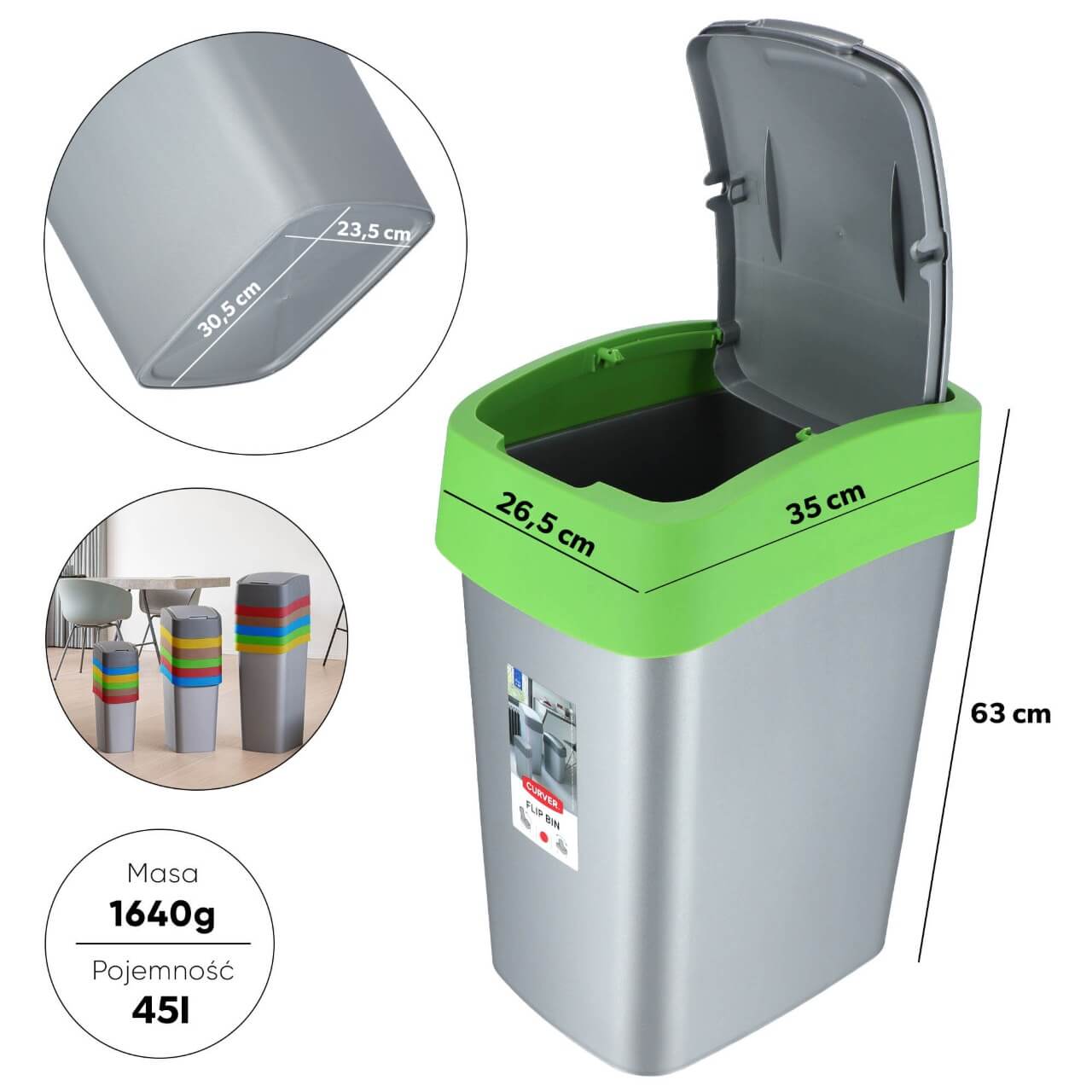 Kosz na śmieci Curver Flip Bin 50L, zielony