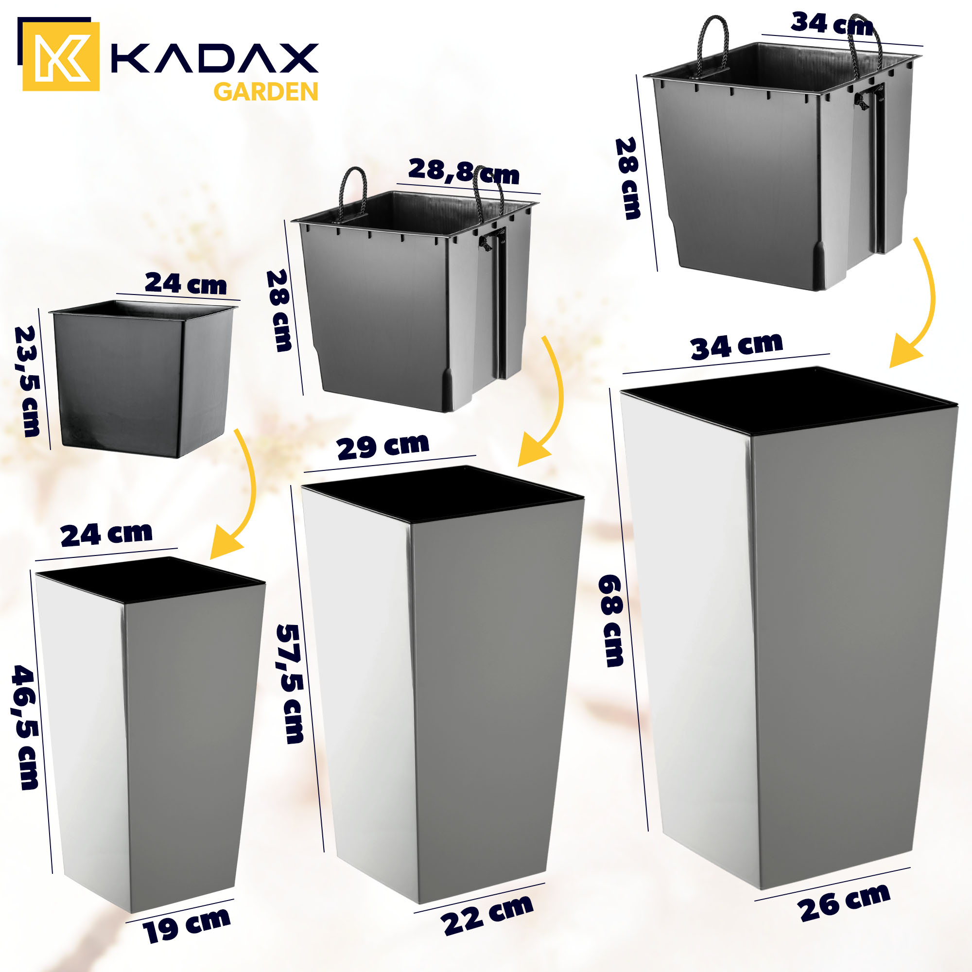 Donice na kwiaty z wkładem Masiera 25 cm + 30 cm + 35 cm, szare