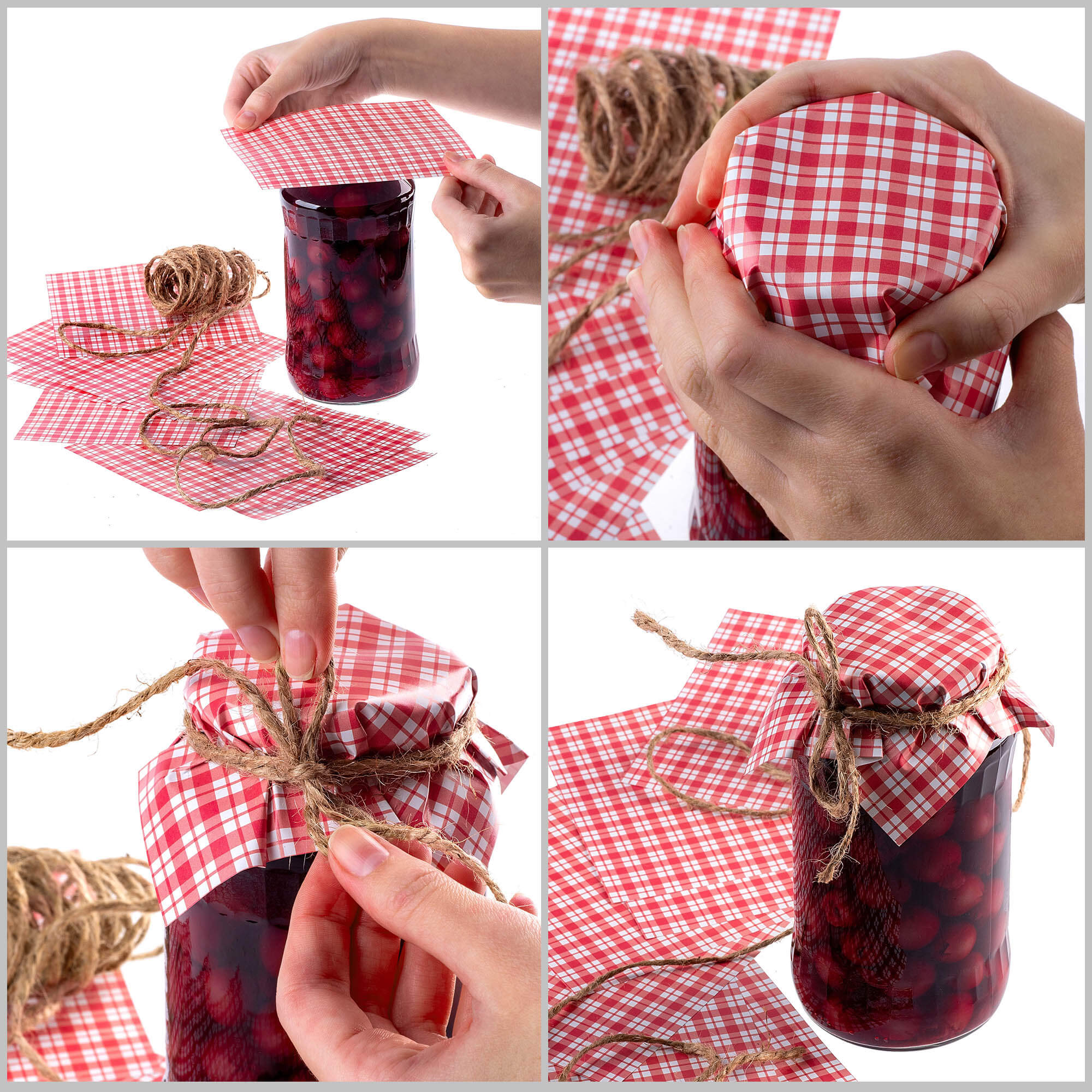 Kapturki na słoiki Maja ze sznurkiem, 10szt, "Czerwona krata"