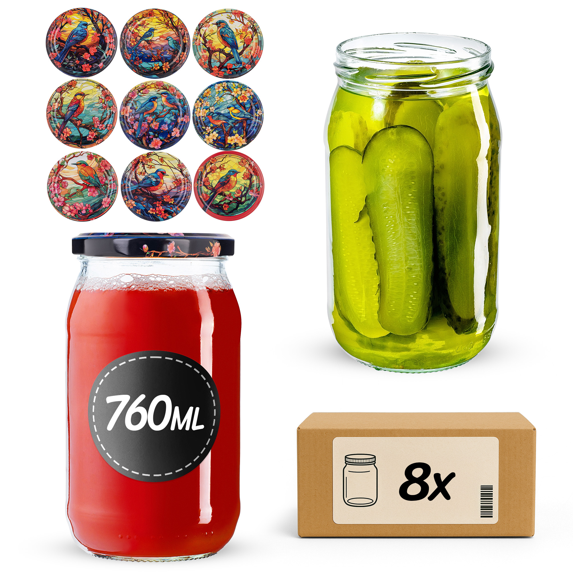 Słoiki na przetwory Niva 760ml fi82mm 8szt + wieczko Ptaki