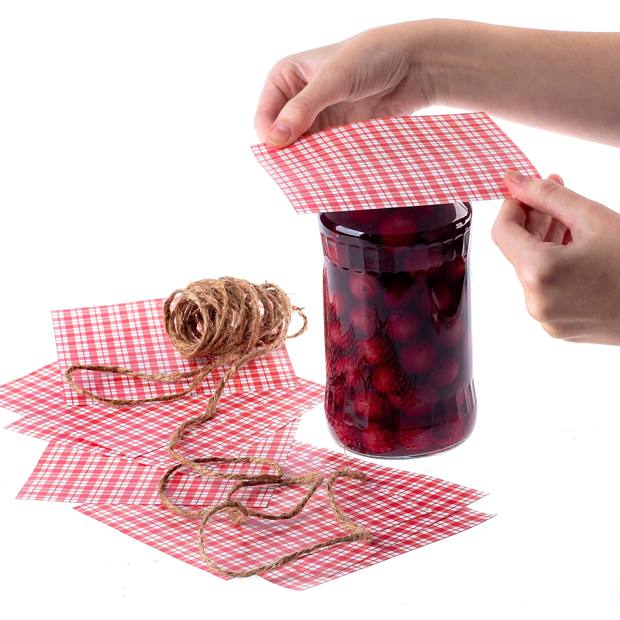 Kapturki na słoiki Maja ze sznurkiem, 10szt, "Czerwona krata"