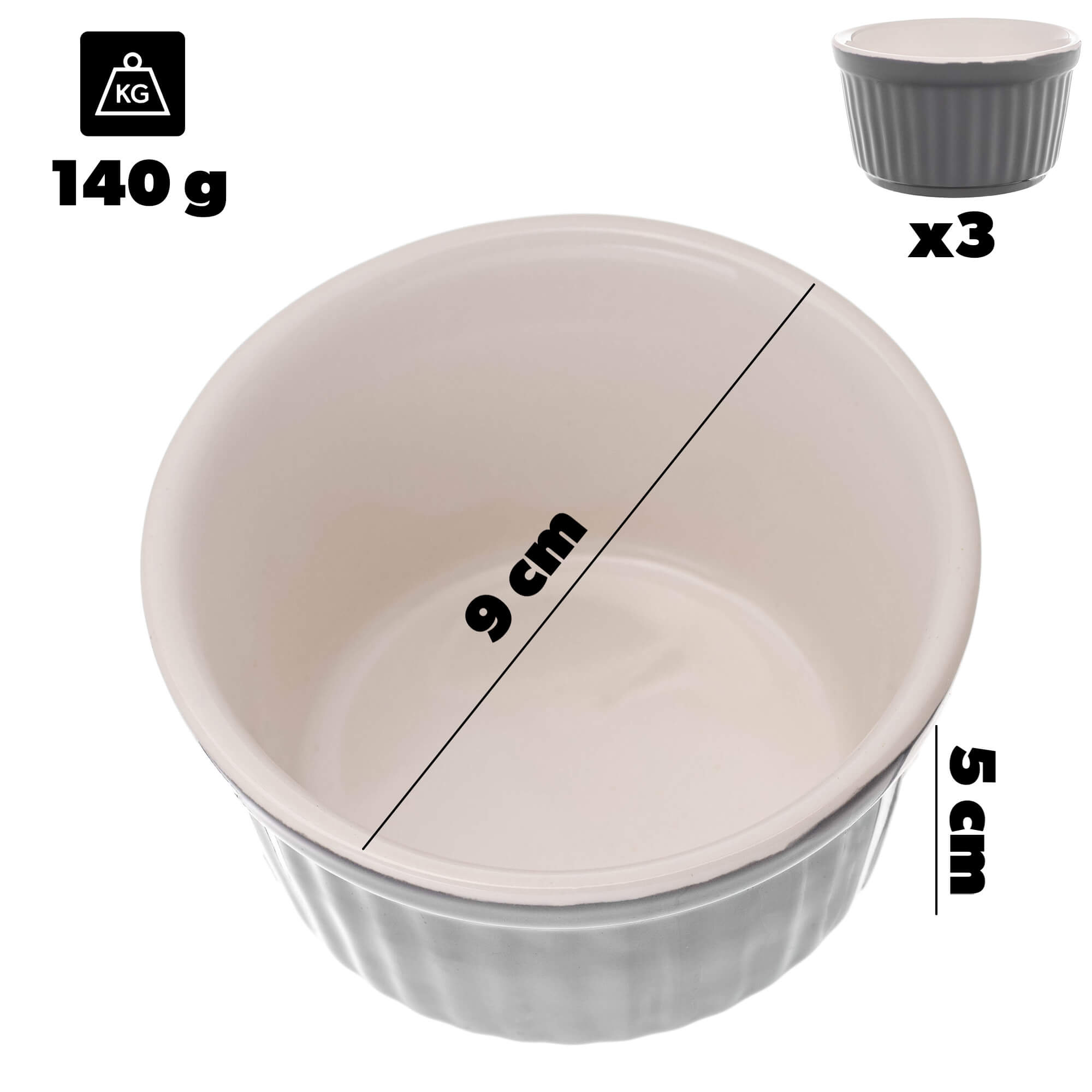 Naczynie ceramiczne do zapiekania Maes 9 x 5 cm szare 3 szt.