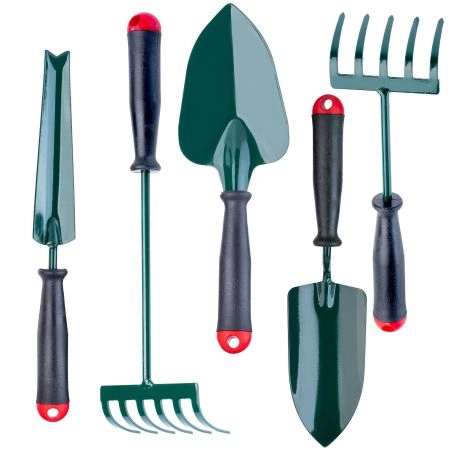 Zestaw narzędzi ogrodowych: grabie 5-zębne i 6-zębne, 2 łopatki, wycinacz