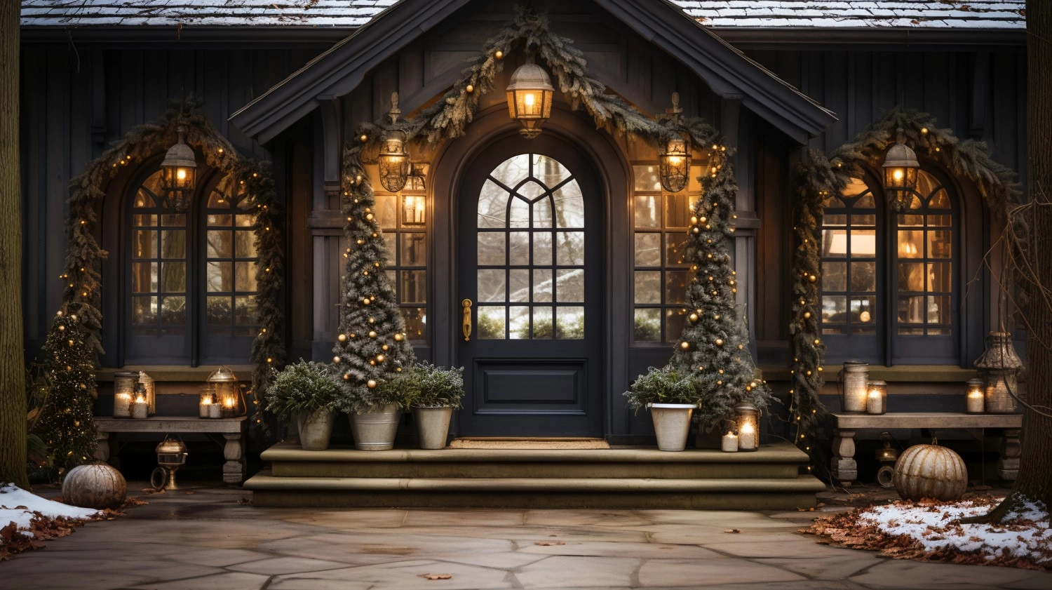 Dekoracje świąteczne przed domem – świecące girlandy i choinki