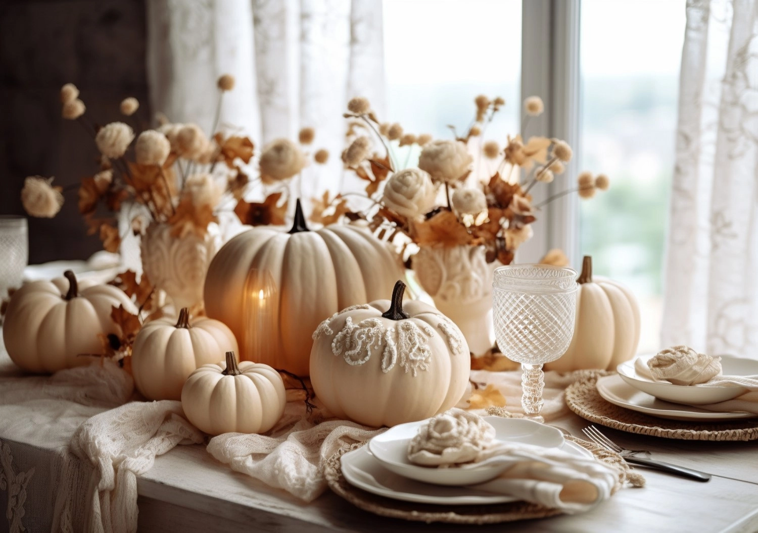 Elegancki jesienny stół ozdobiony malowanymi dyniami