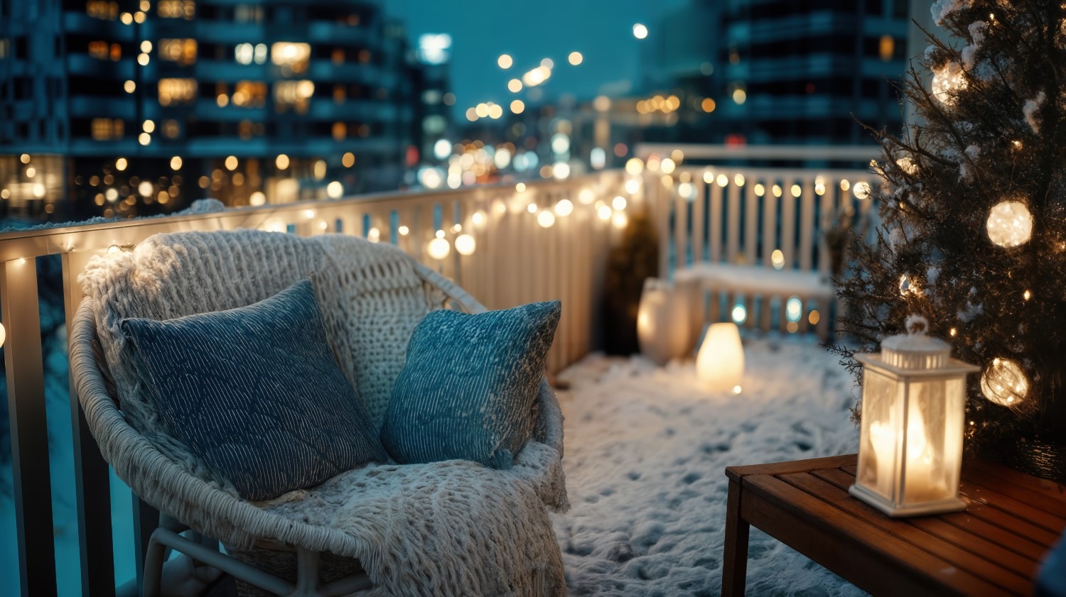 Balkon zimą w stylu hygge